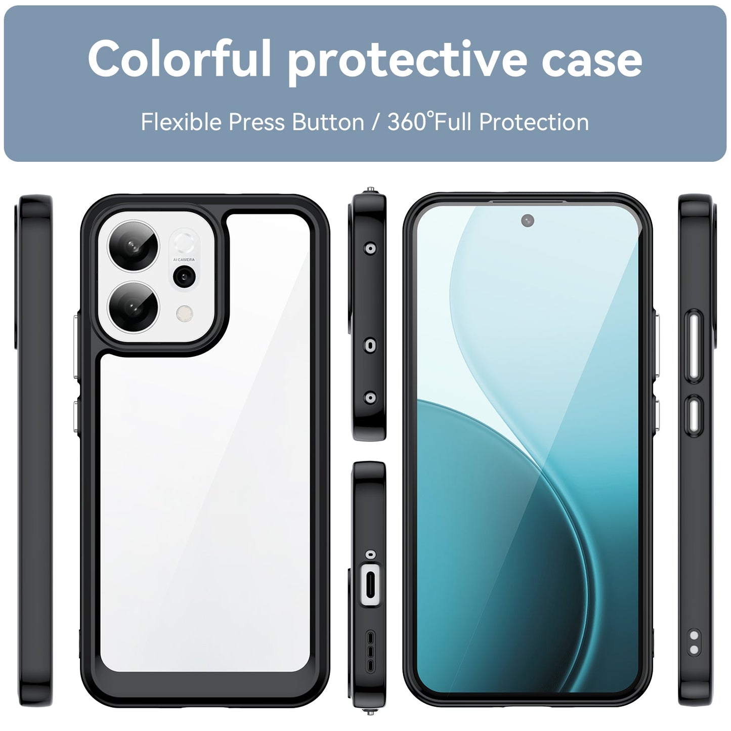 For Oppo Reno14 5G (Global) Phone Case WANLONFENG XC Series TPU Acrylic Cover with Tempered Glass (Big Lens Hole) - Black