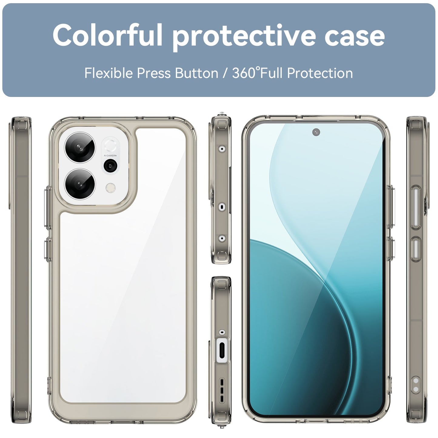 For Oppo Reno14 5G (Global) Phone Case WANLONFENG XC Series TPU Acrylic Cover with Tempered Glass (Big Lens Hole) - Transparent Grey
