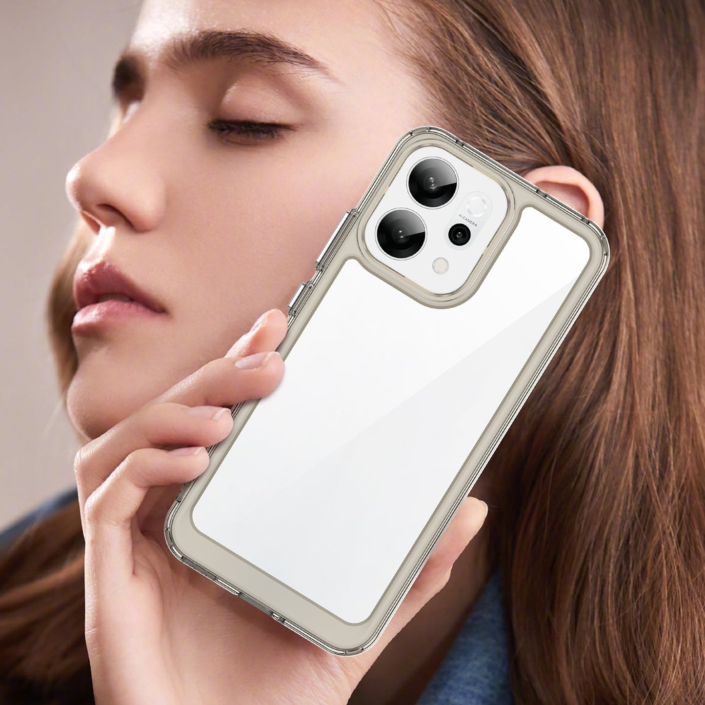 For Oppo Reno14 5G (Global) Phone Case WANLONFENG XC Series TPU Acrylic Cover with Tempered Glass (Big Lens Hole) - Transparent Grey