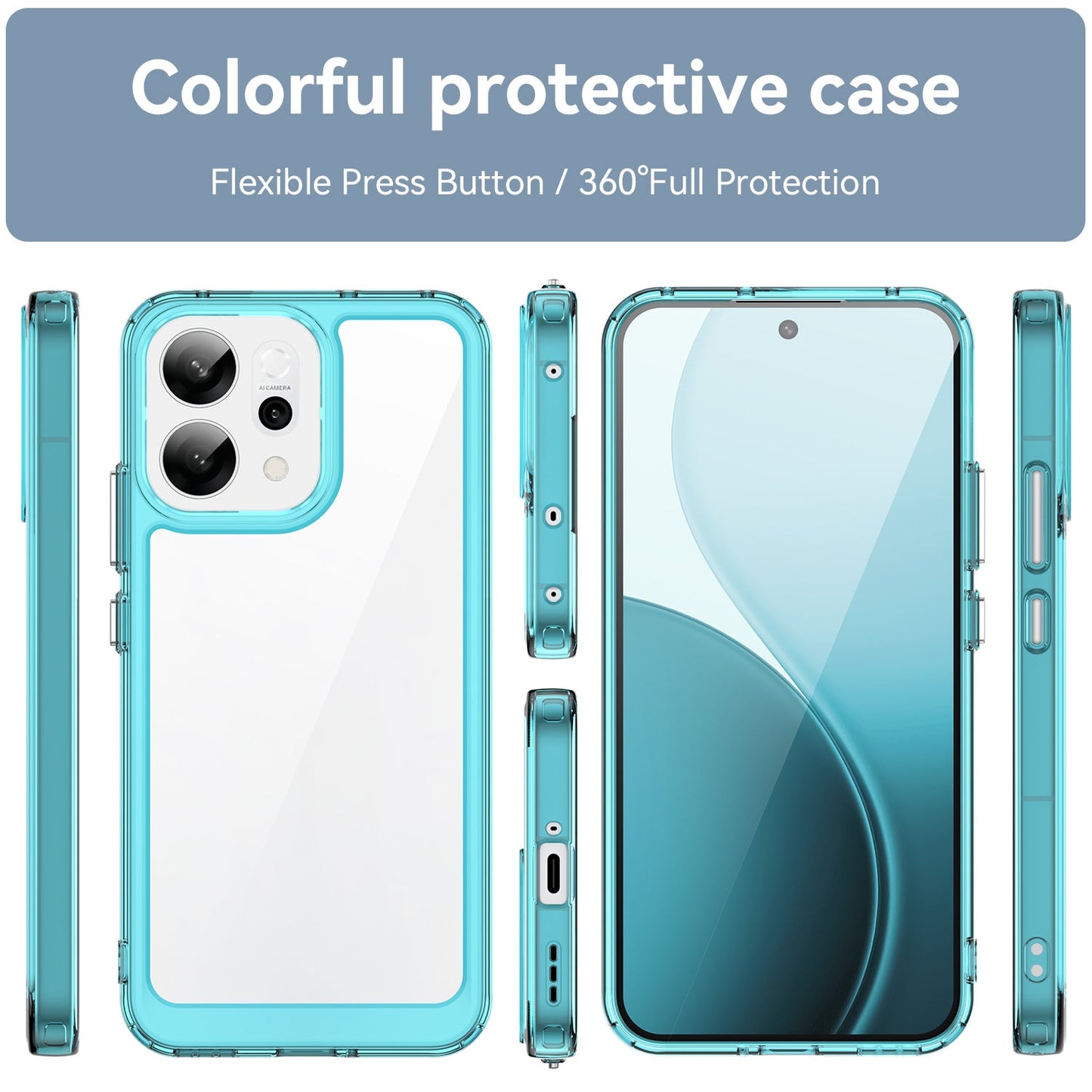 For Oppo Reno14 5G (Global) Phone Case WANLONFENG XC Series TPU Acrylic Cover with Tempered Glass (Big Lens Hole) - Transparent Blue
