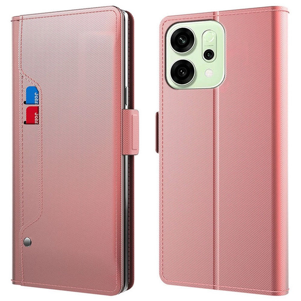 For Oppo Reno14 Pro 5G (Global) Case Stand PU Leather Phone Cover Card Holder Mirror - Rose Gold