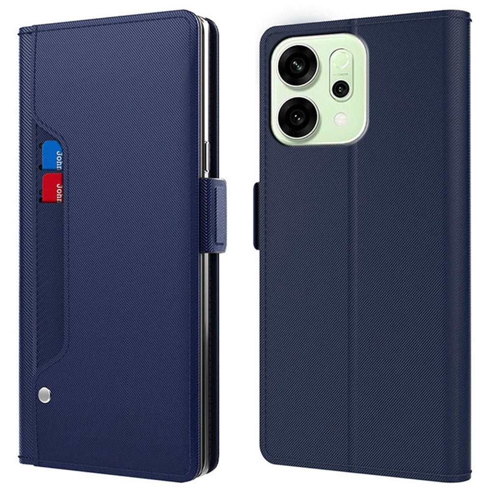 For Oppo Reno14 Pro 5G (Global) Case Stand PU Leather Phone Cover Card Holder Mirror - Blue