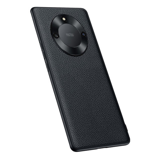 For Honor X40 5G Litchi Texture Anti-slip Phone Case Cowhide Genuine Leather Coated TPU Back Cover with Metal Camera Frame - Black