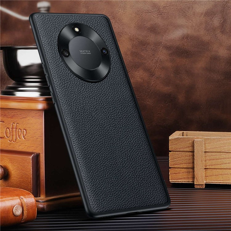 For Honor X40 5G Litchi Texture Anti-slip Phone Case Cowhide Genuine Leather Coated TPU Back Cover with Metal Camera Frame - Black