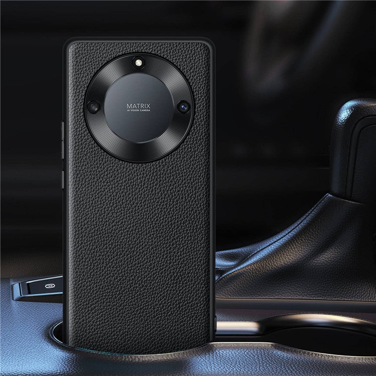 For Honor X40 5G Litchi Texture Anti-slip Phone Case Cowhide Genuine Leather Coated TPU Back Cover with Metal Camera Frame - Black