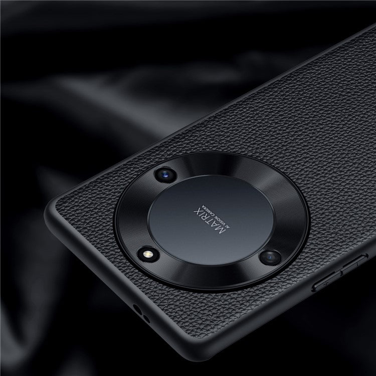 For Honor X40 5G Litchi Texture Anti-slip Phone Case Cowhide Genuine Leather Coated TPU Back Cover with Metal Camera Frame - Black