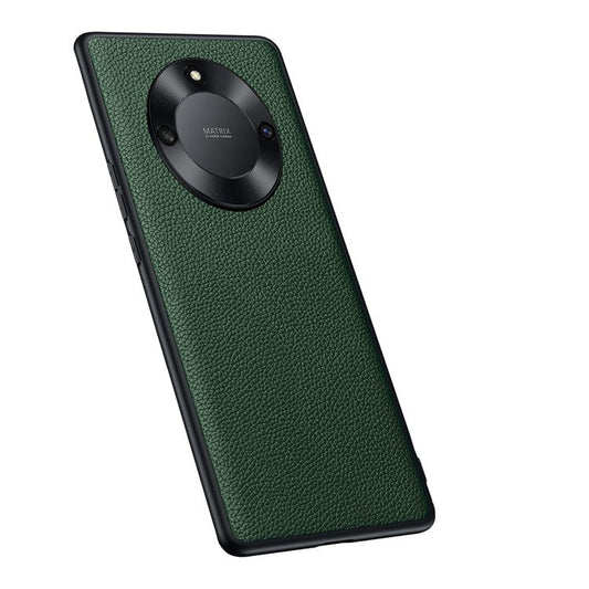 For Honor X40 5G Litchi Texture Anti-slip Phone Case Cowhide Genuine Leather Coated TPU Back Cover with Metal Camera Frame - Green
