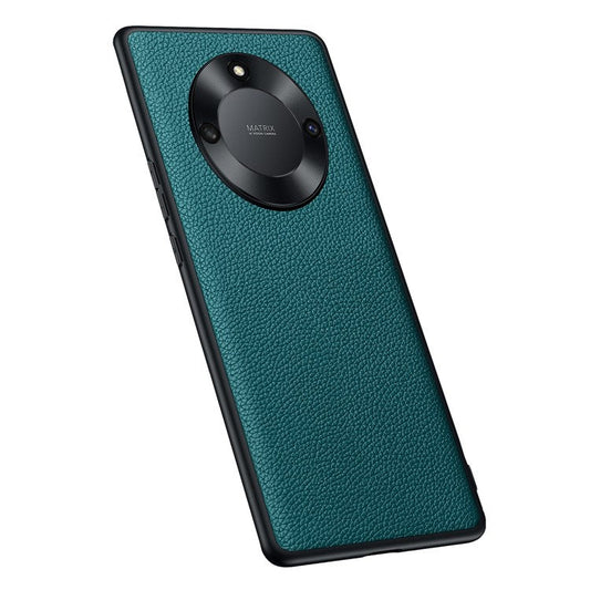 For Honor X40 5G Litchi Texture Anti-slip Phone Case Cowhide Genuine Leather Coated TPU Back Cover with Metal Camera Frame - Cyan