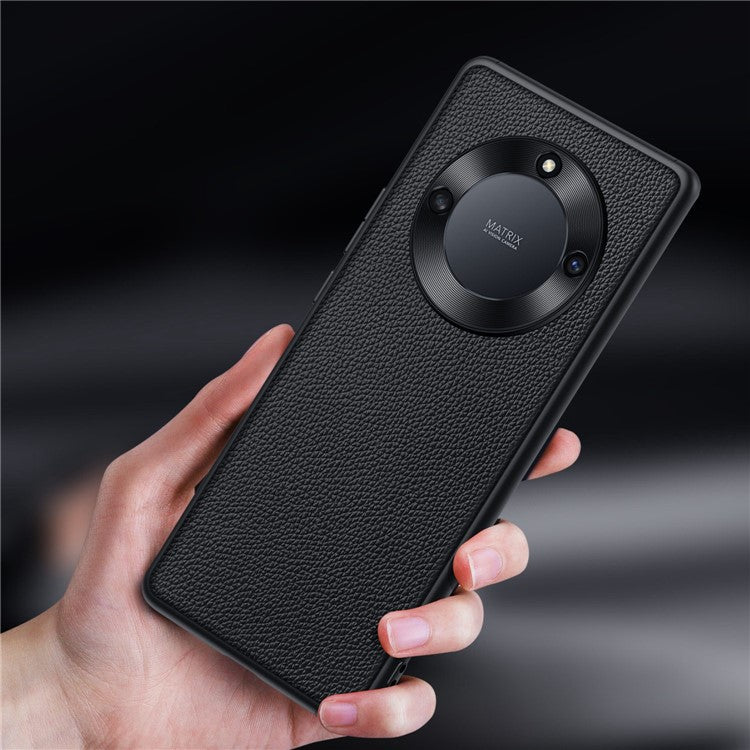For Honor X40 5G Litchi Texture Anti-slip Phone Case Cowhide Genuine Leather Coated TPU Back Cover with Metal Camera Frame - Cyan