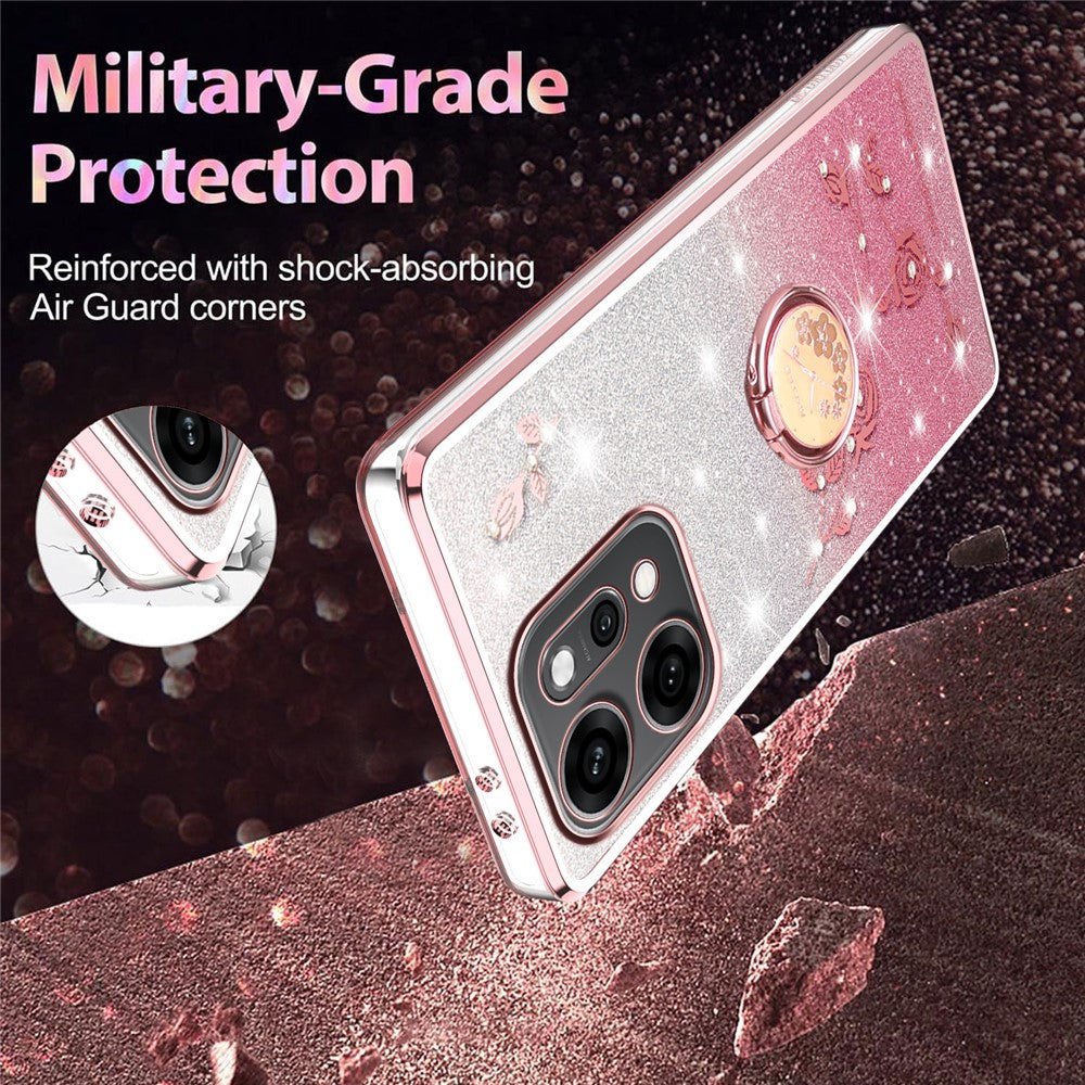 KADEM For Oppo Reno14 Pro 5G (Global) Case Ring Kickstand TPU Flowers Phone Cover Gradient Glitter - Rose Gold