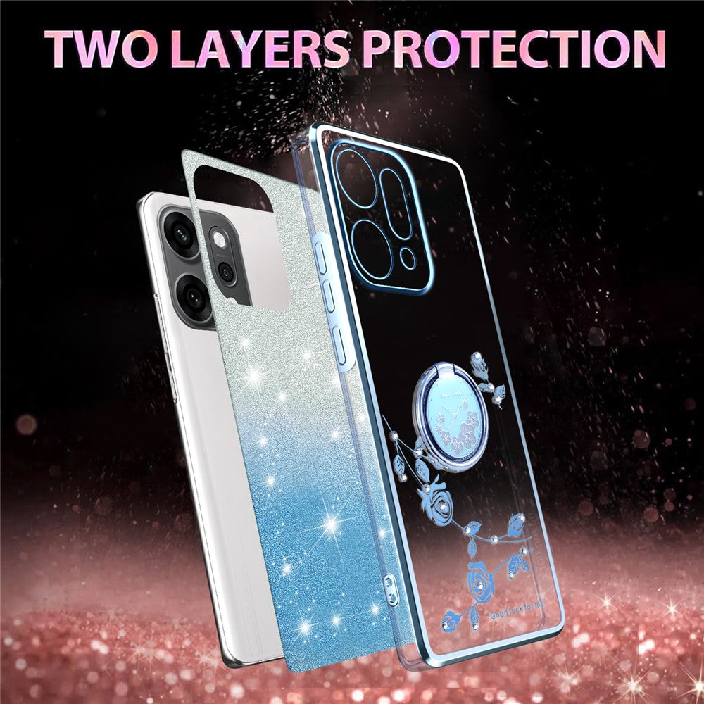KADEM For Oppo Reno14 Pro 5G (Global) Case Ring Kickstand TPU Flowers Phone Cover Gradient Glitter - Blue