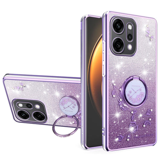 KADEM For Oppo Reno14 Pro 5G (Global) Case Ring Kickstand TPU Flowers Phone Cover Gradient Glitter - Purple