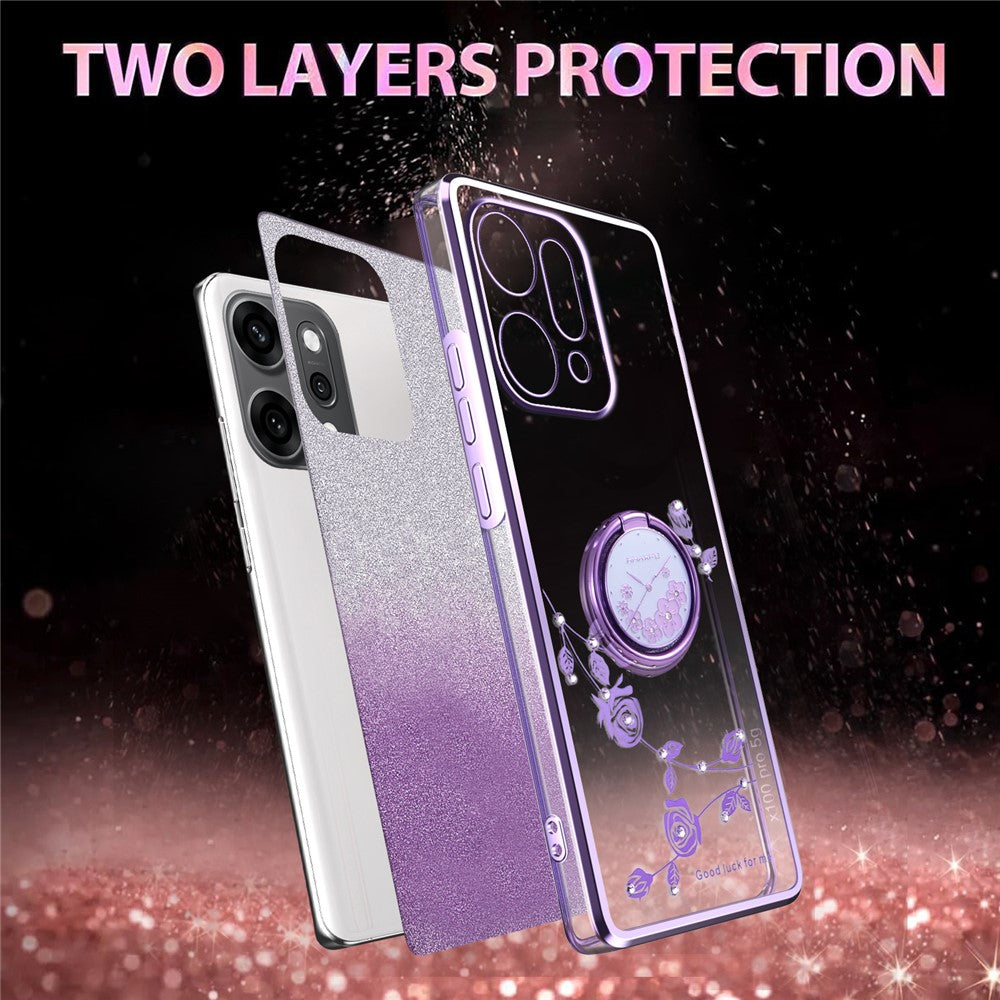 KADEM For Oppo Reno14 Pro 5G (Global) Case Ring Kickstand TPU Flowers Phone Cover Gradient Glitter - Purple