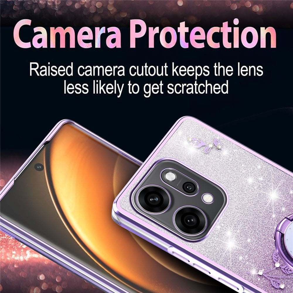 KADEM For Oppo Reno14 Pro 5G (Global) Case Ring Kickstand TPU Flowers Phone Cover Gradient Glitter - Purple