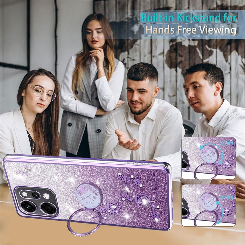 KADEM For Oppo Reno14 Pro 5G (Global) Case Ring Kickstand TPU Flowers Phone Cover Gradient Glitter - Purple