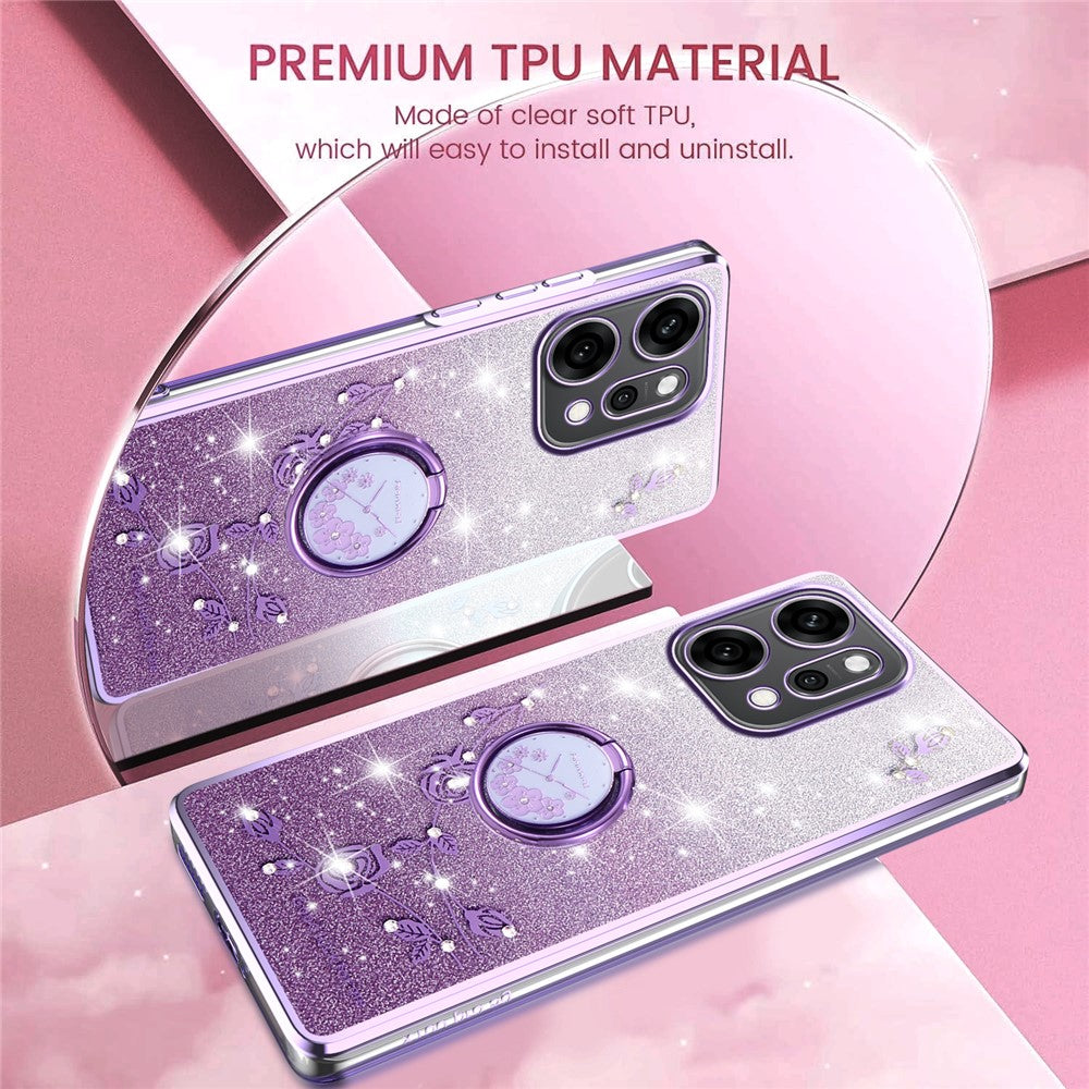 KADEM For Oppo Reno14 Pro 5G (Global) Case Ring Kickstand TPU Flowers Phone Cover Gradient Glitter - Purple