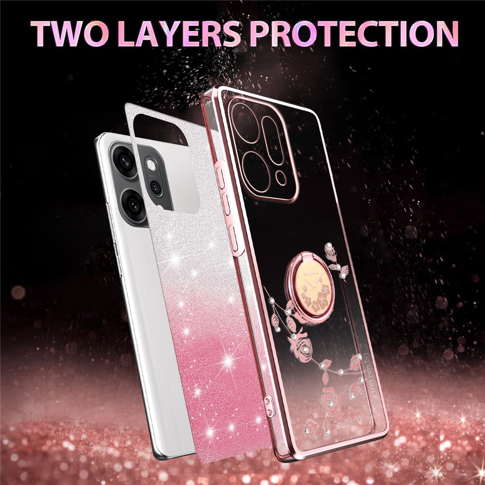 KADEM For Oppo Reno14 5G (Global) Case Ring Kickstand TPU Flowers Phone Cover Gradient Glitter - Rose Gold