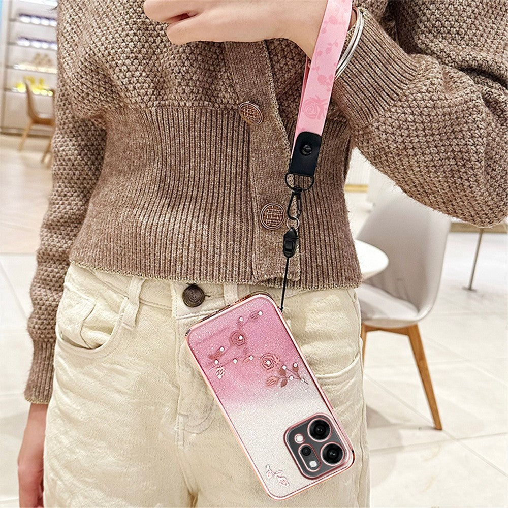 KADEM For Oppo Reno14 Pro 5G (Global) Case Flower Pattern TPU Gradient Phone Cover with Lanyards - Rose Gold