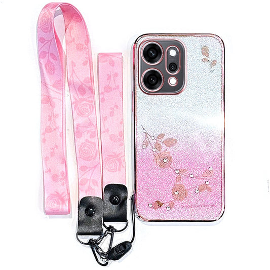 KADEM For Oppo Reno14 5G (Global) Case Flower Pattern TPU Gradient Phone Cover with Lanyards - Rose Gold