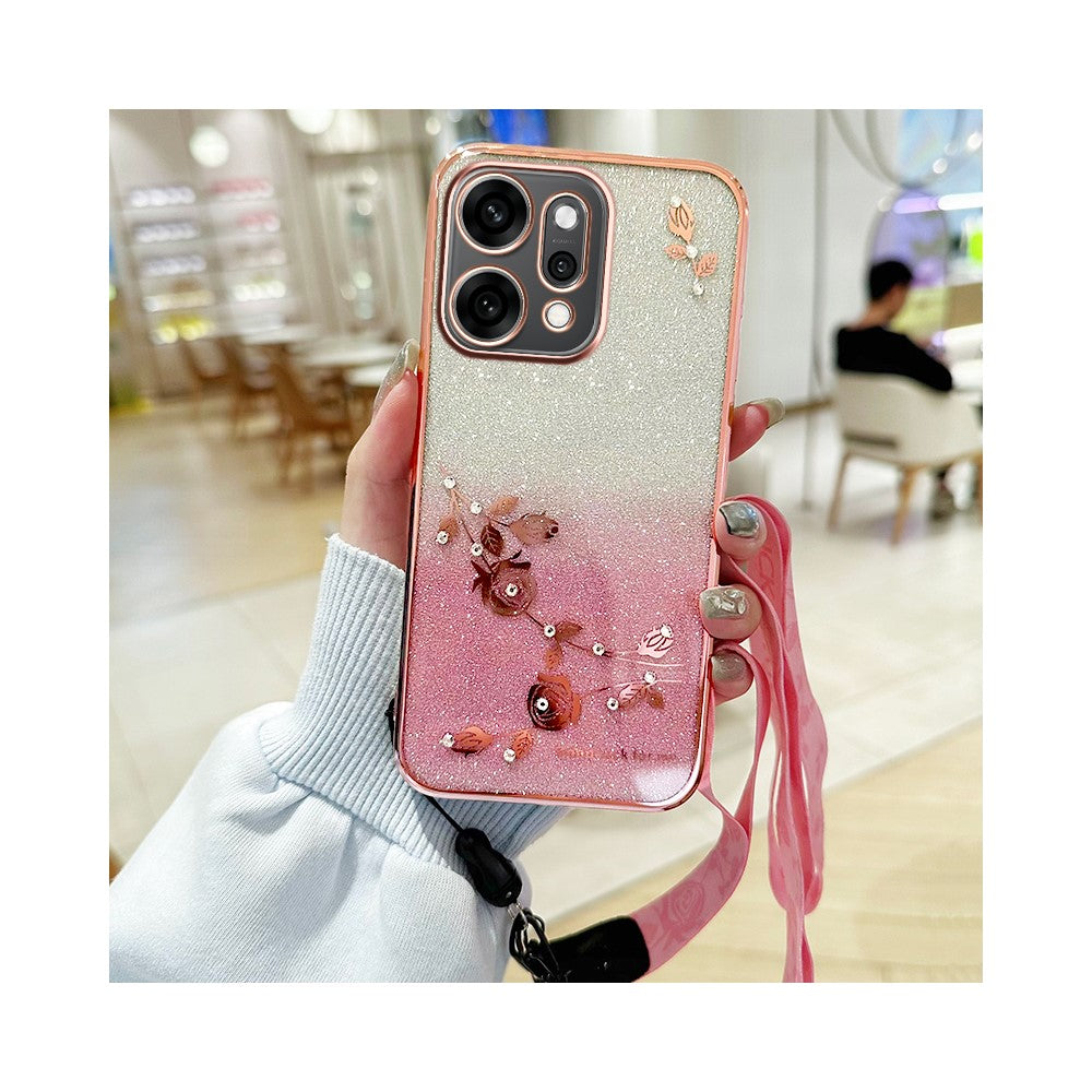 KADEM For Oppo Reno14 5G (Global) Case Flower Pattern TPU Gradient Phone Cover with Lanyards - Rose Gold