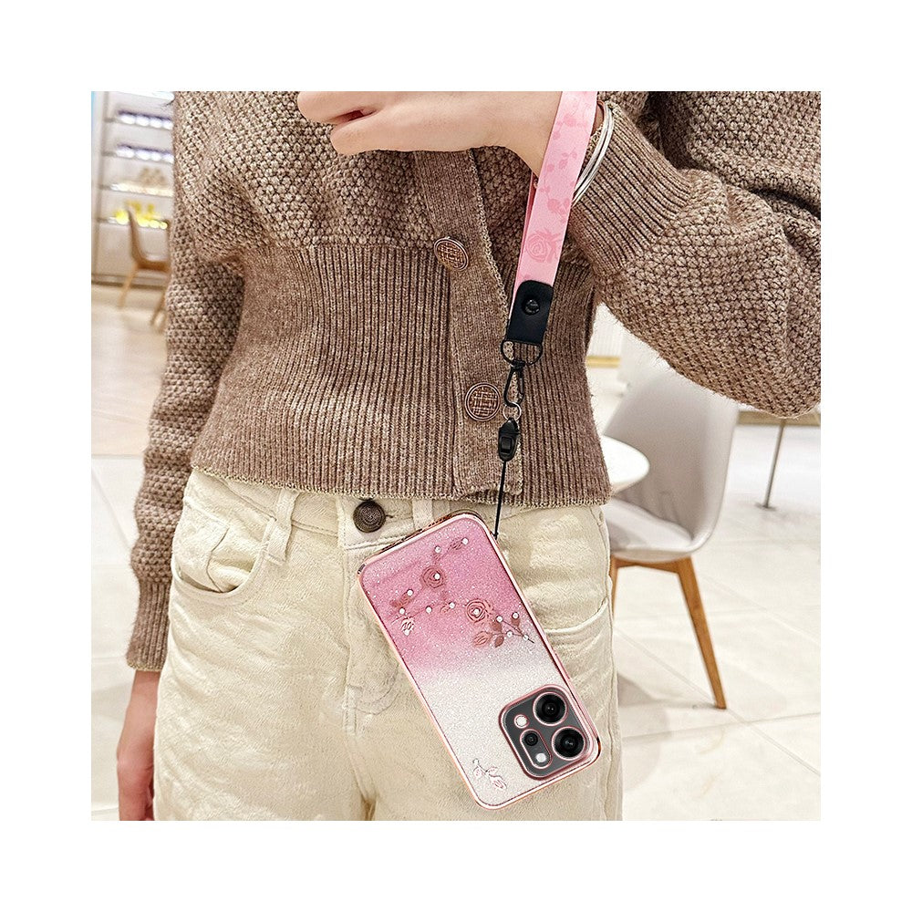 KADEM For Oppo Reno14 5G (Global) Case Flower Pattern TPU Gradient Phone Cover with Lanyards - Rose Gold