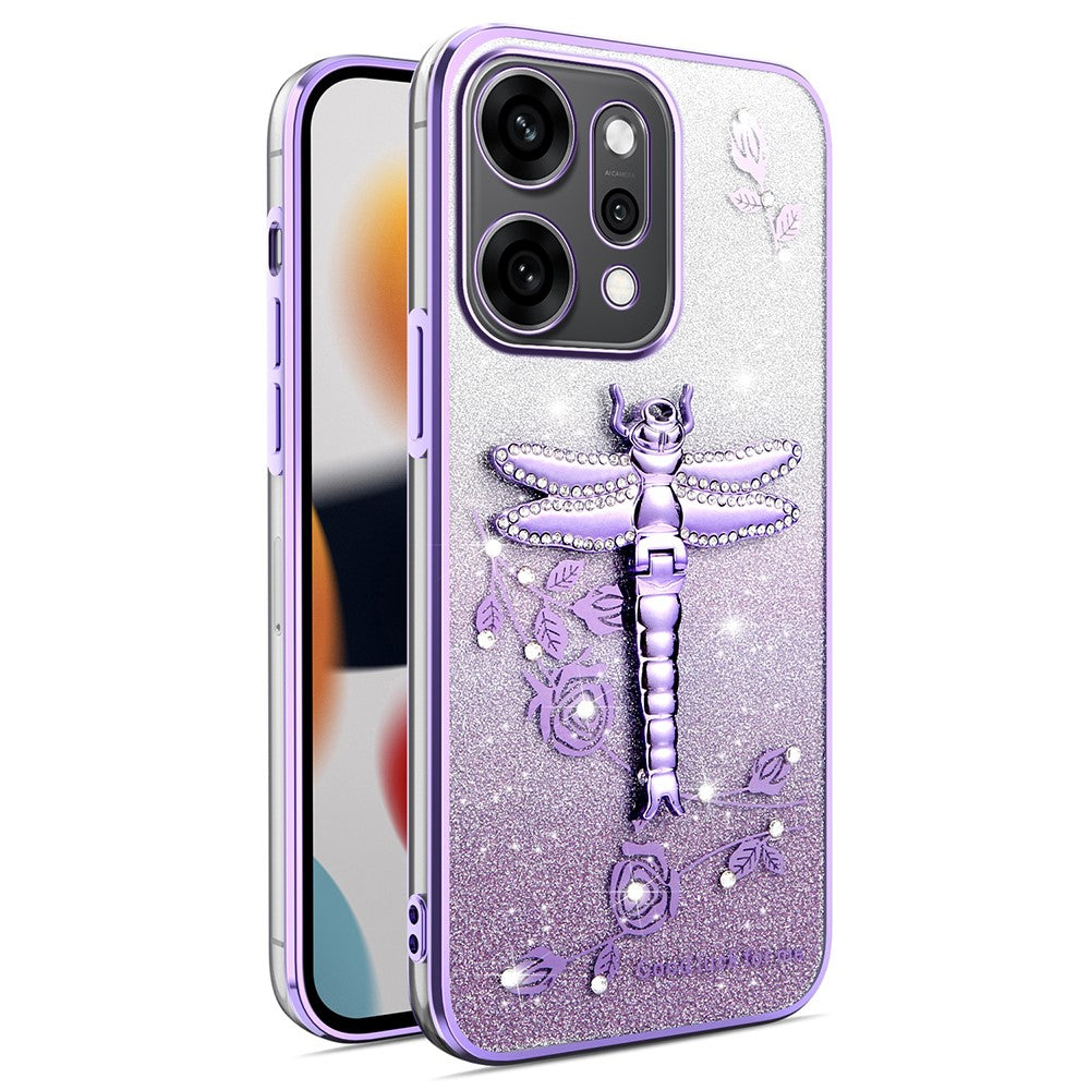 KADEM For Oppo Reno14 Pro 5G (Global) Case Dragonfly Kickstand TPU Flowers Glitter Phone Cover - Purple