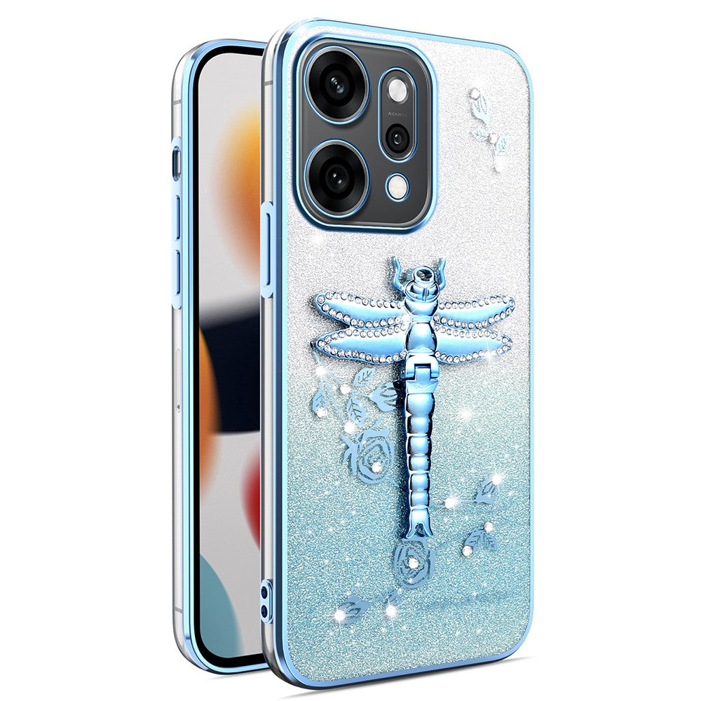 KADEM For Oppo Reno14 Pro 5G (Global) Case Dragonfly Kickstand TPU Flowers Glitter Phone Cover - Blue