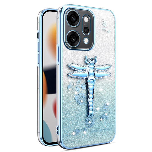 KADEM For Oppo Reno14 5G (Global) Case Dragonfly Kickstand TPU Flowers Glitter Phone Cover - Blue