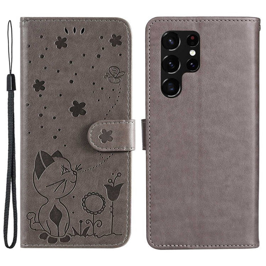 Protective Phone Case For Samsung Galaxy S23 Ultra, KT Imprinting Flower Series-4 Stand Wallet Imprinted Cat and Bee Pattern PU Leather Phone Cover with Strap - Grey