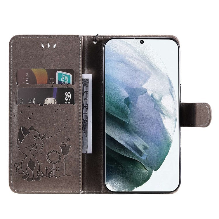 Protective Phone Case For Samsung Galaxy S23 Ultra, KT Imprinting Flower Series-4 Stand Wallet Imprinted Cat and Bee Pattern PU Leather Phone Cover with Strap - Grey
