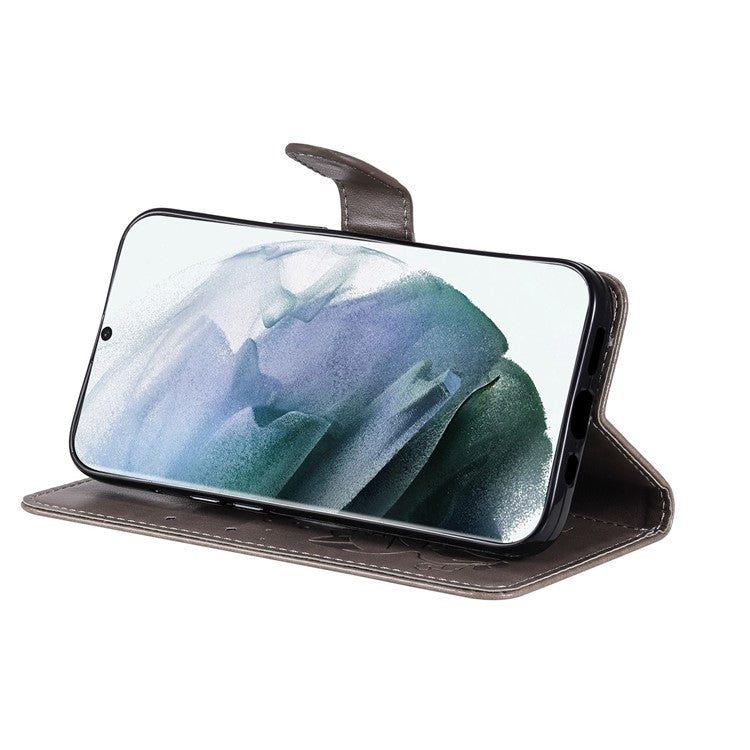 Protective Phone Case For Samsung Galaxy S23 Ultra, KT Imprinting Flower Series-4 Stand Wallet Imprinted Cat and Bee Pattern PU Leather Phone Cover with Strap - Grey