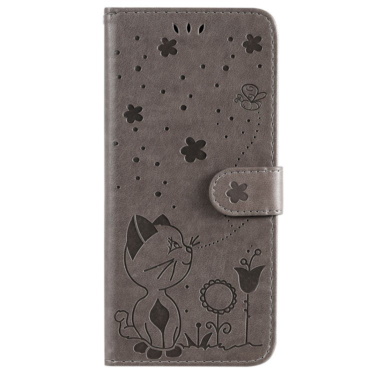 Protective Phone Case For Samsung Galaxy S23 Ultra, KT Imprinting Flower Series-4 Stand Wallet Imprinted Cat and Bee Pattern PU Leather Phone Cover with Strap - Grey