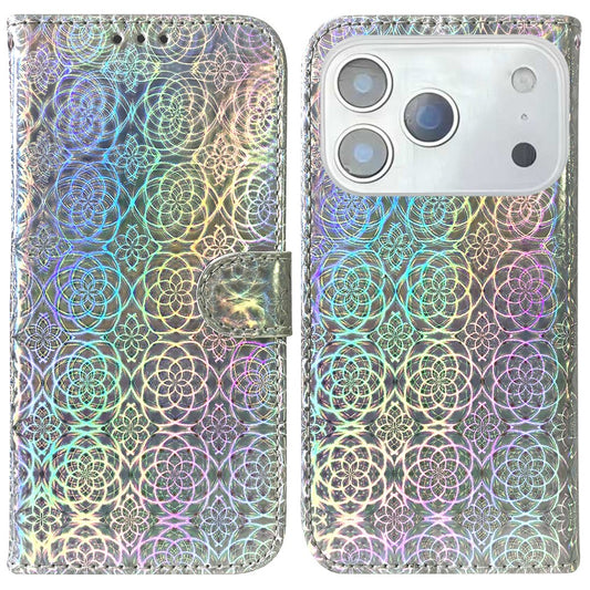 For iPhone 17 Pro Max Stand Case Dazzling Flower Leather Phone Cover with Wrist Strap - Grey