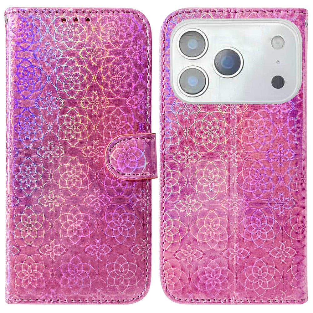For iPhone 17 Pro Max Stand Case Dazzling Flower Leather Phone Cover with Wrist Strap - Pink