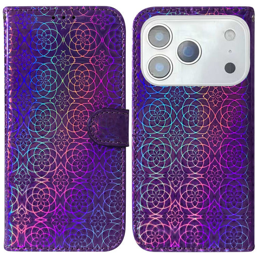 For iPhone 17 Pro Max Stand Case Dazzling Flower Leather Phone Cover with Wrist Strap - Purple