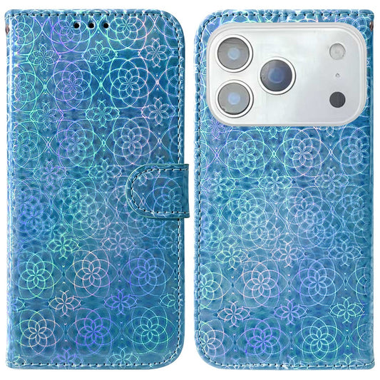For iPhone 17 Pro Max Stand Case Dazzling Flower Leather Phone Cover with Wrist Strap - Blue