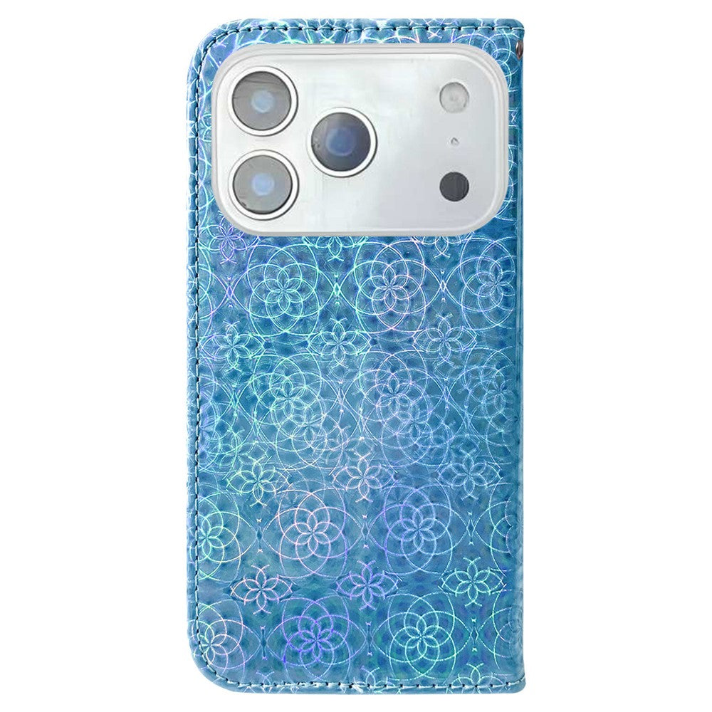 For iPhone 17 Pro Max Stand Case Dazzling Flower Leather Phone Cover with Wrist Strap - Blue