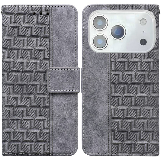 For iPhone 17 Pro Max Case Geometry Pattern Leather Wallet Phone Cover with Wrist Strap - Grey