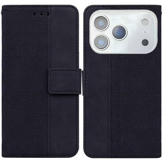 For iPhone 17 Pro Max Case Geometry Pattern Leather Wallet Phone Cover with Wrist Strap - Black