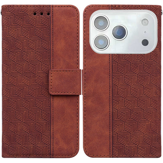 For iPhone 17 Pro Max Case Geometry Pattern Leather Wallet Phone Cover with Wrist Strap - Brown