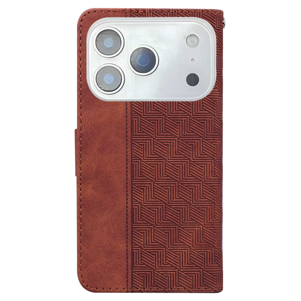 For iPhone 17 Pro Max Case Geometry Pattern Leather Wallet Phone Cover with Wrist Strap - Brown
