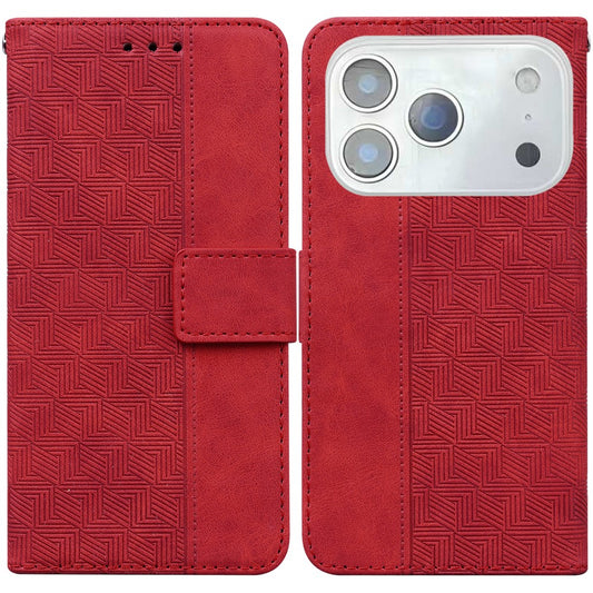 For iPhone 17 Pro Max Case Geometry Pattern Leather Wallet Phone Cover with Wrist Strap - Red
