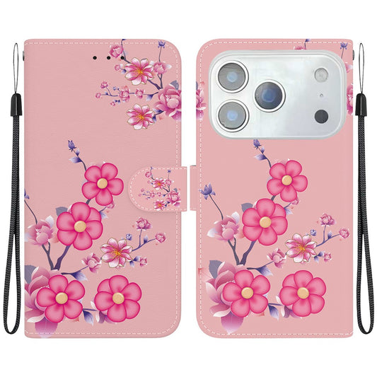 For iPhone 17 Pro Max Wallet Phone Case Anti-Drop Leather Flip Cover Pattern Printing with Strap - Sakura