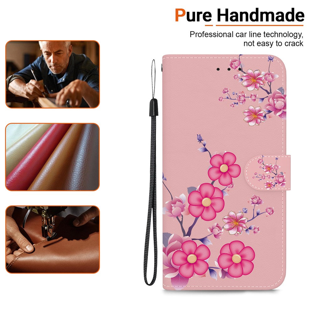For iPhone 17 Pro Max Wallet Phone Case Anti-Drop Leather Flip Cover Pattern Printing with Strap - Sakura