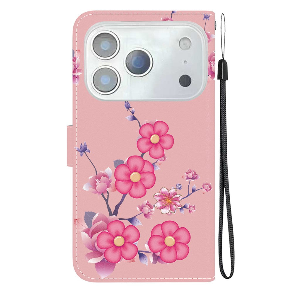 For iPhone 17 Pro Max Wallet Phone Case Anti-Drop Leather Flip Cover Pattern Printing with Strap - Sakura