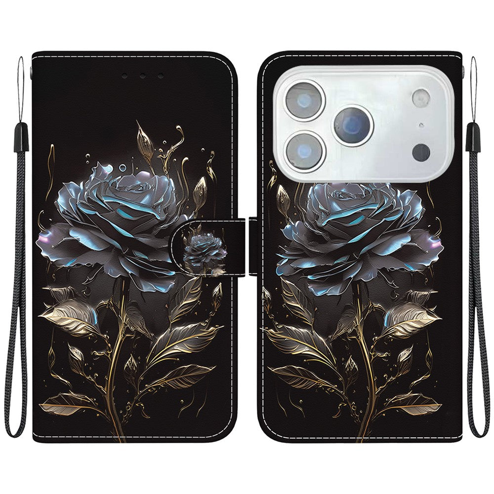For iPhone 17 Pro Max Wallet Phone Case Anti-Drop Leather Flip Cover Pattern Printing with Strap - Black Rose