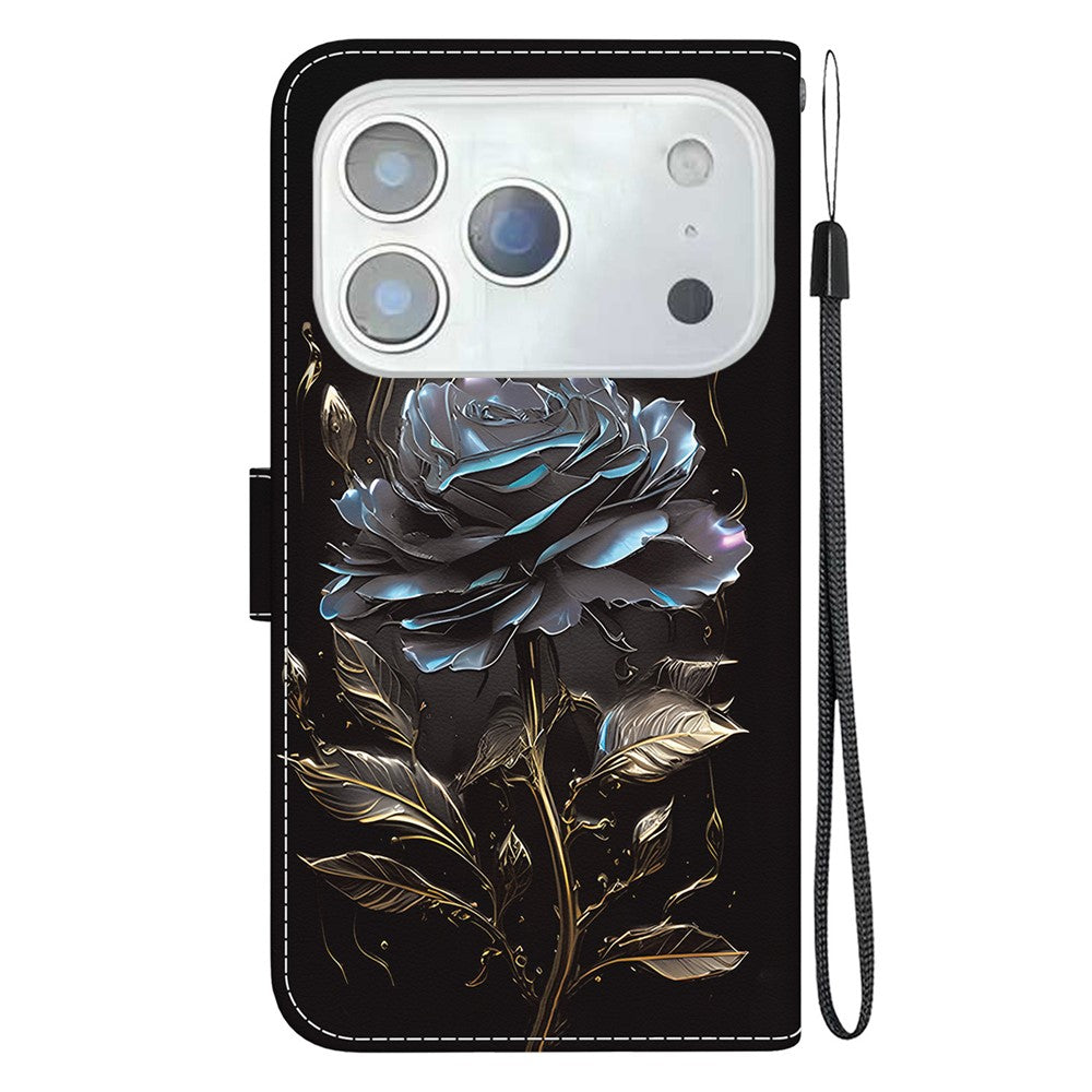 For iPhone 17 Pro Max Wallet Phone Case Anti-Drop Leather Flip Cover Pattern Printing with Strap - Black Rose