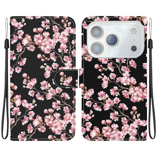 For iPhone 17 Pro Max Wallet Phone Case Anti-Drop Leather Flip Cover Pattern Printing with Strap - Plum Blossom