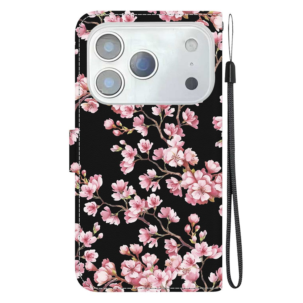 For iPhone 17 Pro Max Wallet Phone Case Anti-Drop Leather Flip Cover Pattern Printing with Strap - Plum Blossom