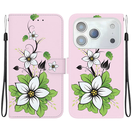 For iPhone 17 Pro Max Wallet Phone Case Anti-Drop Leather Flip Cover Pattern Printing with Strap - Lily